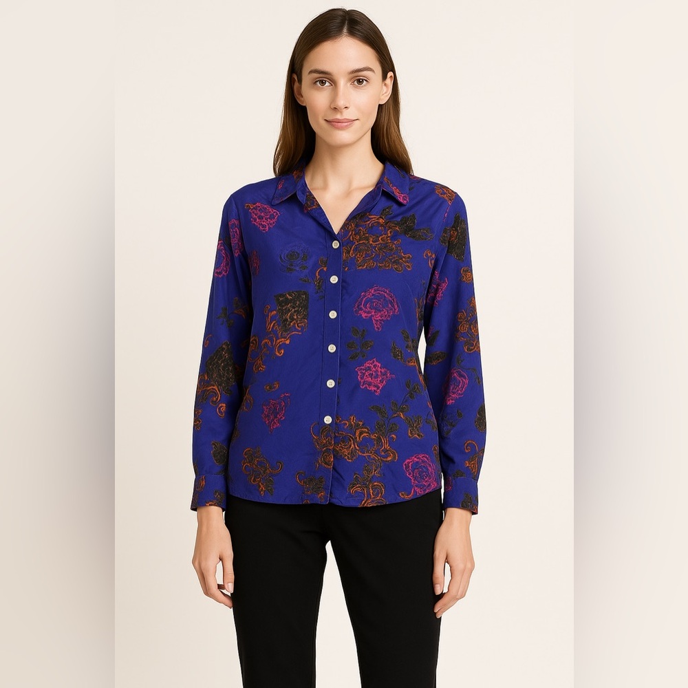 ✨💜 Victoria Soie 100% Silk‎ Floral Paisley Button Front Blouse Top XL 💜✨